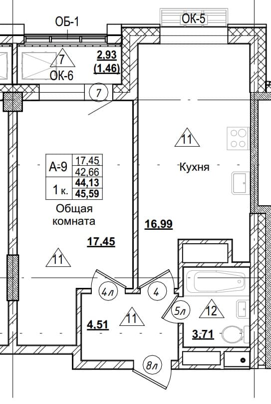 1 комн., 44.1 м²