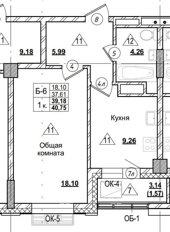 1 комн., 39.2 м²