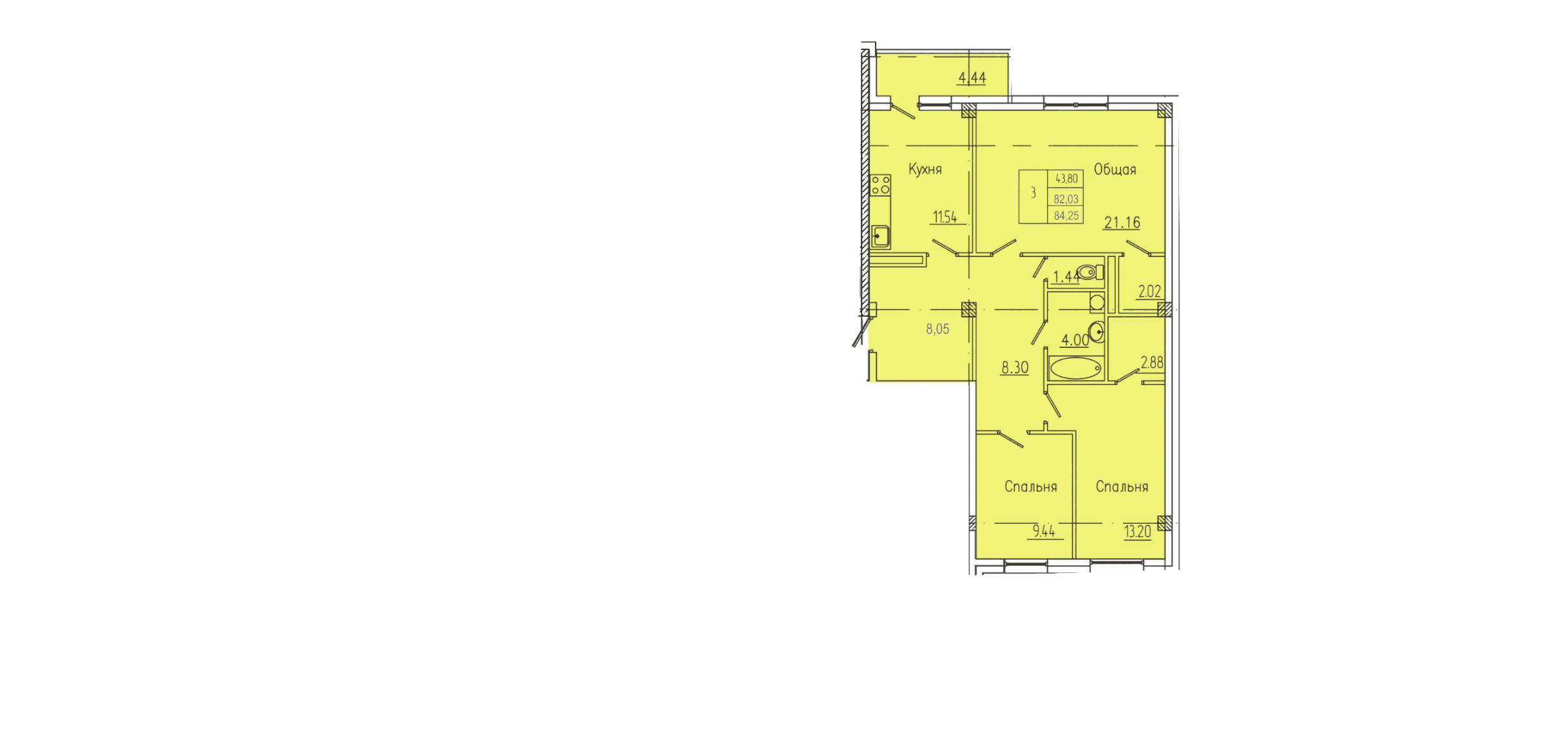 3 комн., 85.0 м²