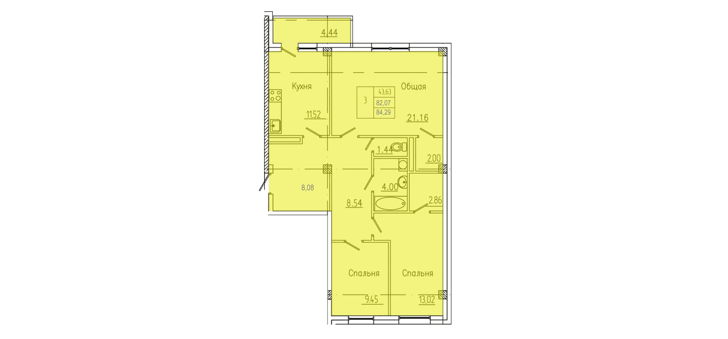 3 комн., 85.3 м²