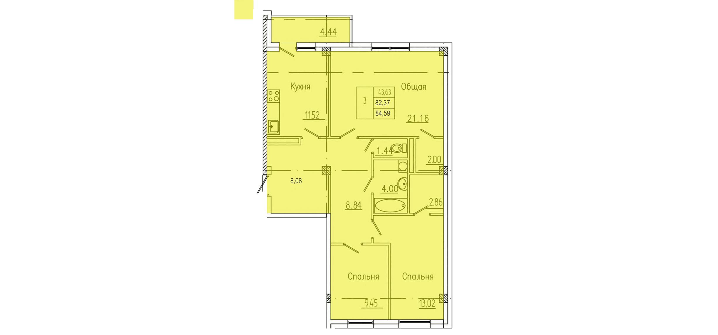 3 комн., 85.5 м²