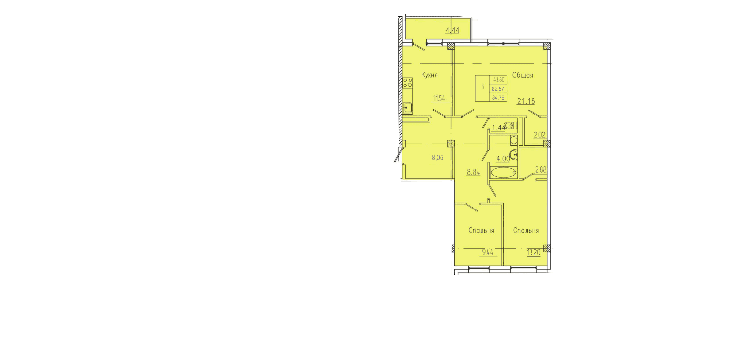 3 комн., 85.1 м²
