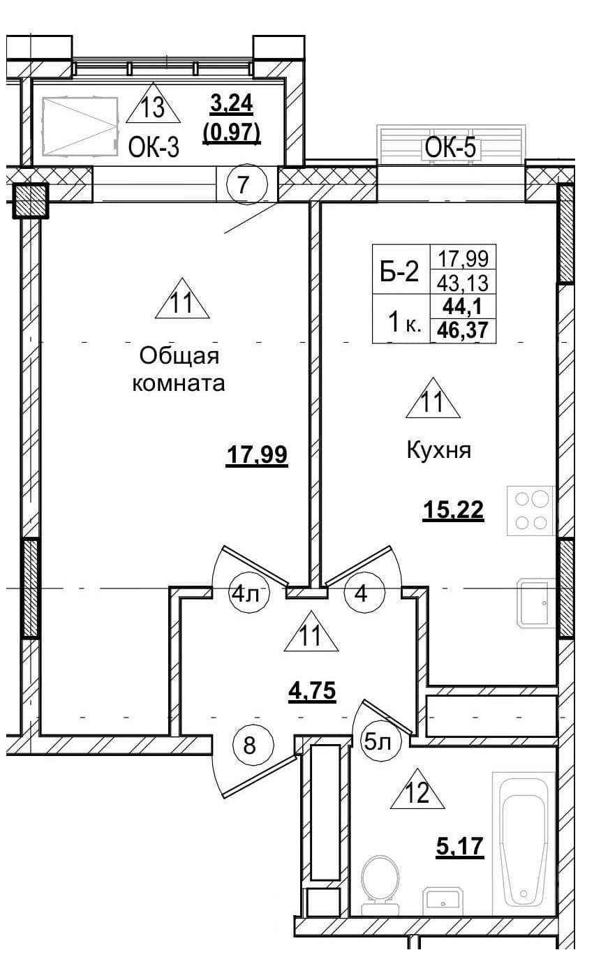 1 комн., 44.1 м²
