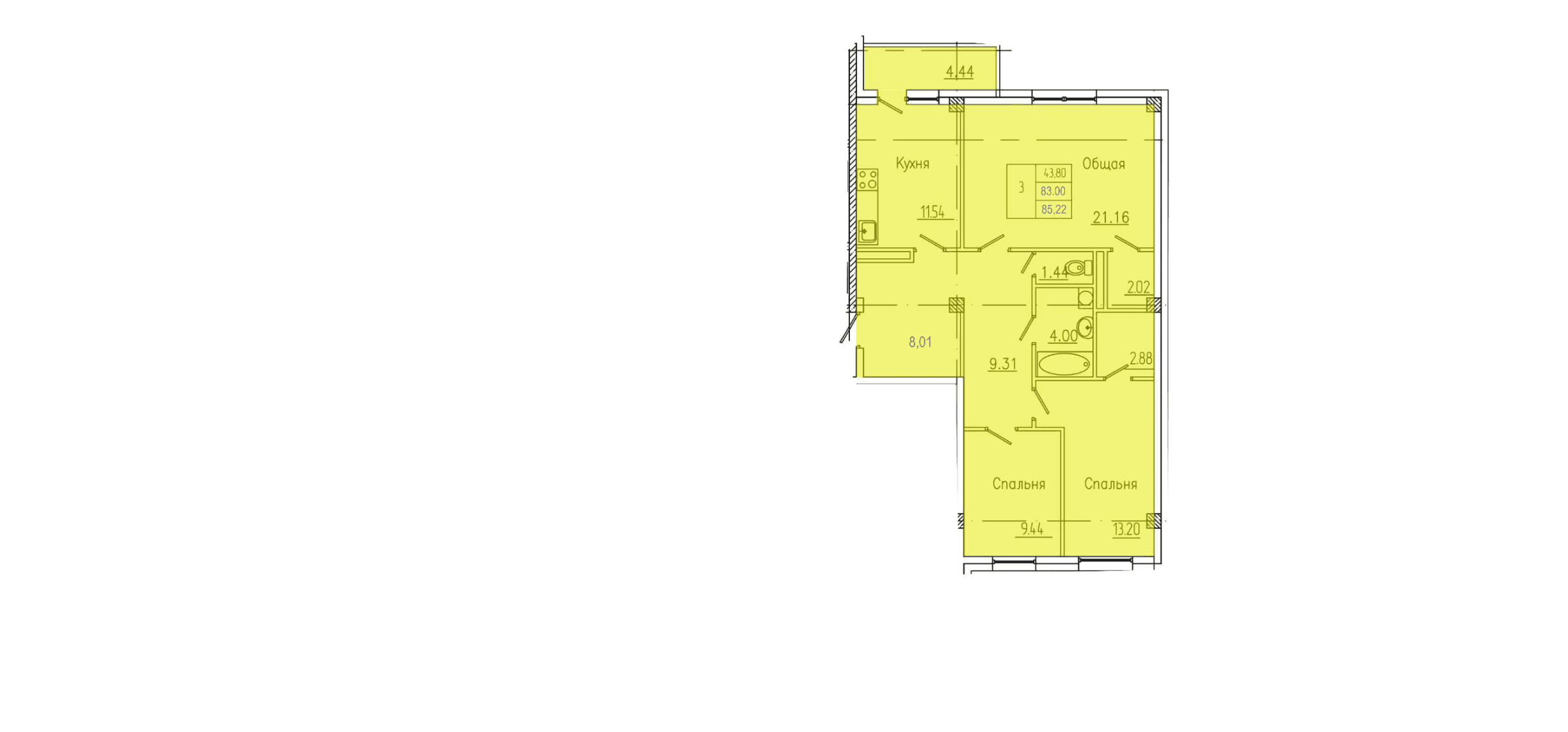 3 комн., 85.2 м²