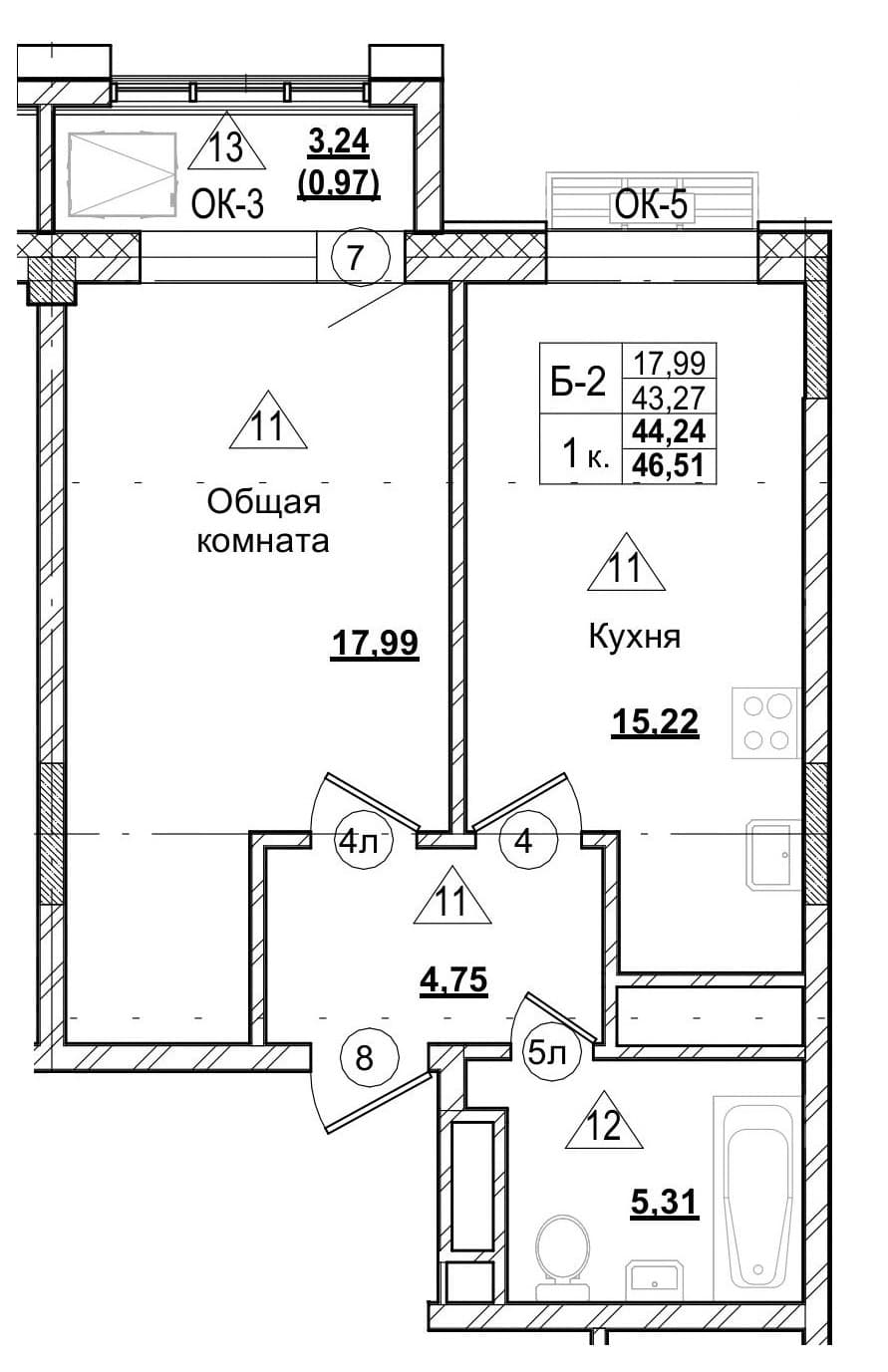 1 комн., 44.2 м²