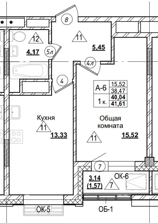 1 комн., 40.0 м²
