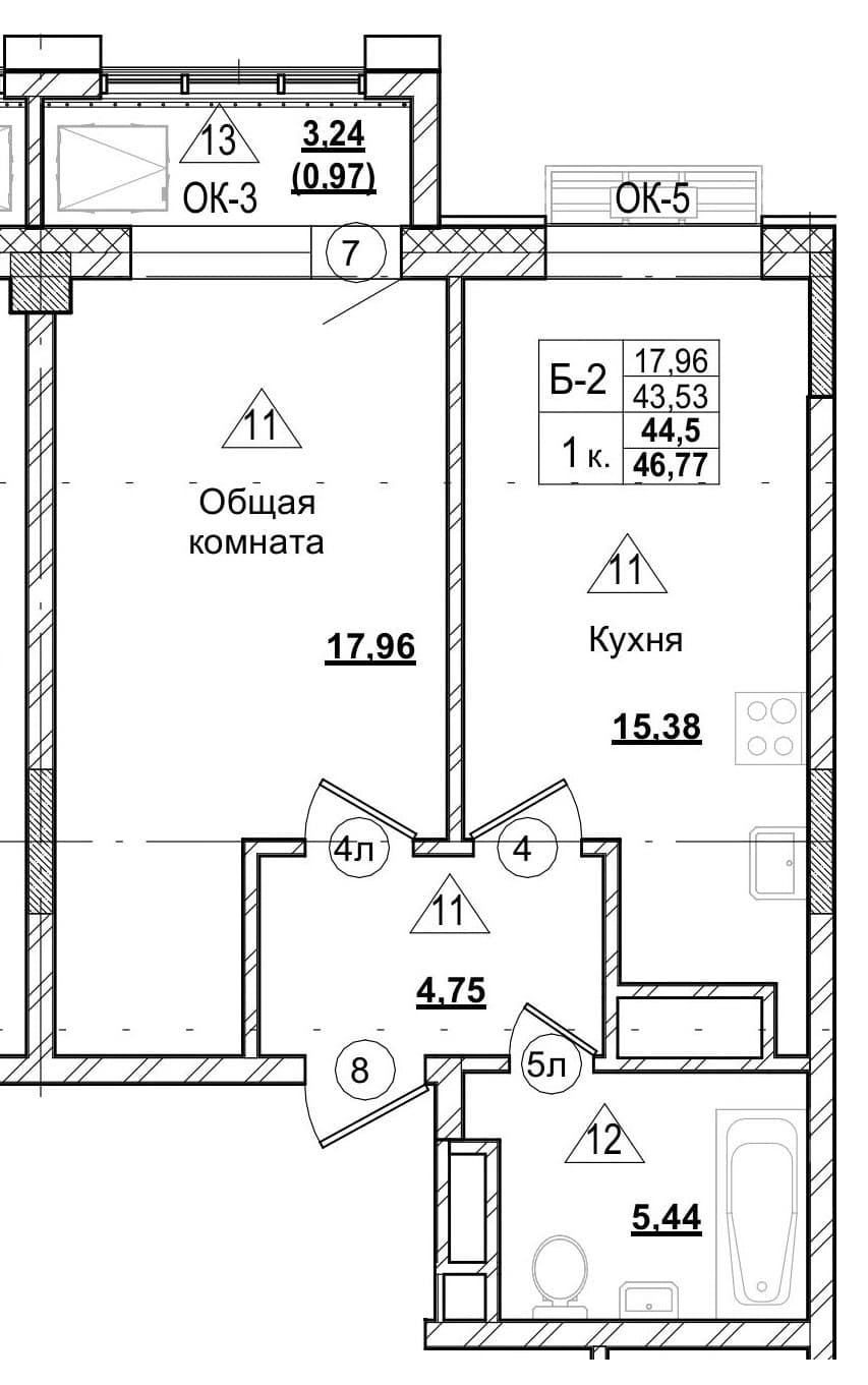 1 комн., 44.5 м²
