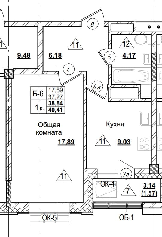 1 комн., 38.8 м²