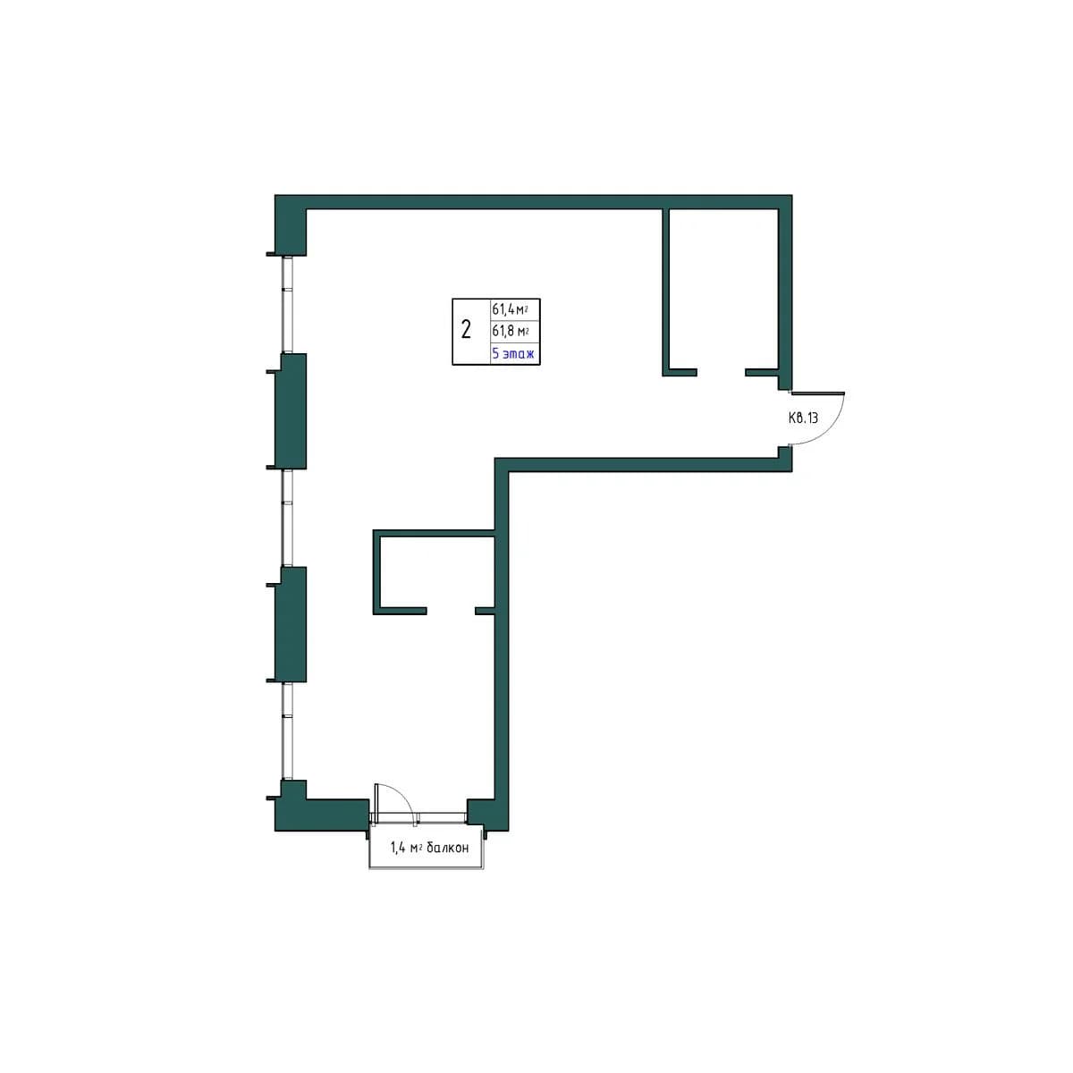 2 комн., 61.8 м²