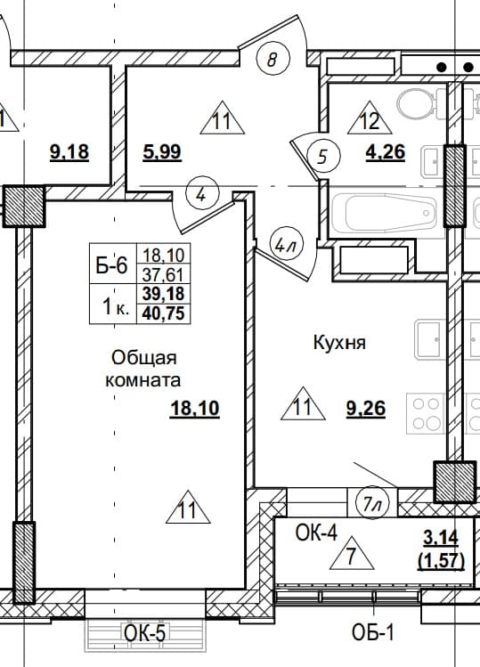 1 комн., 39.2 м²