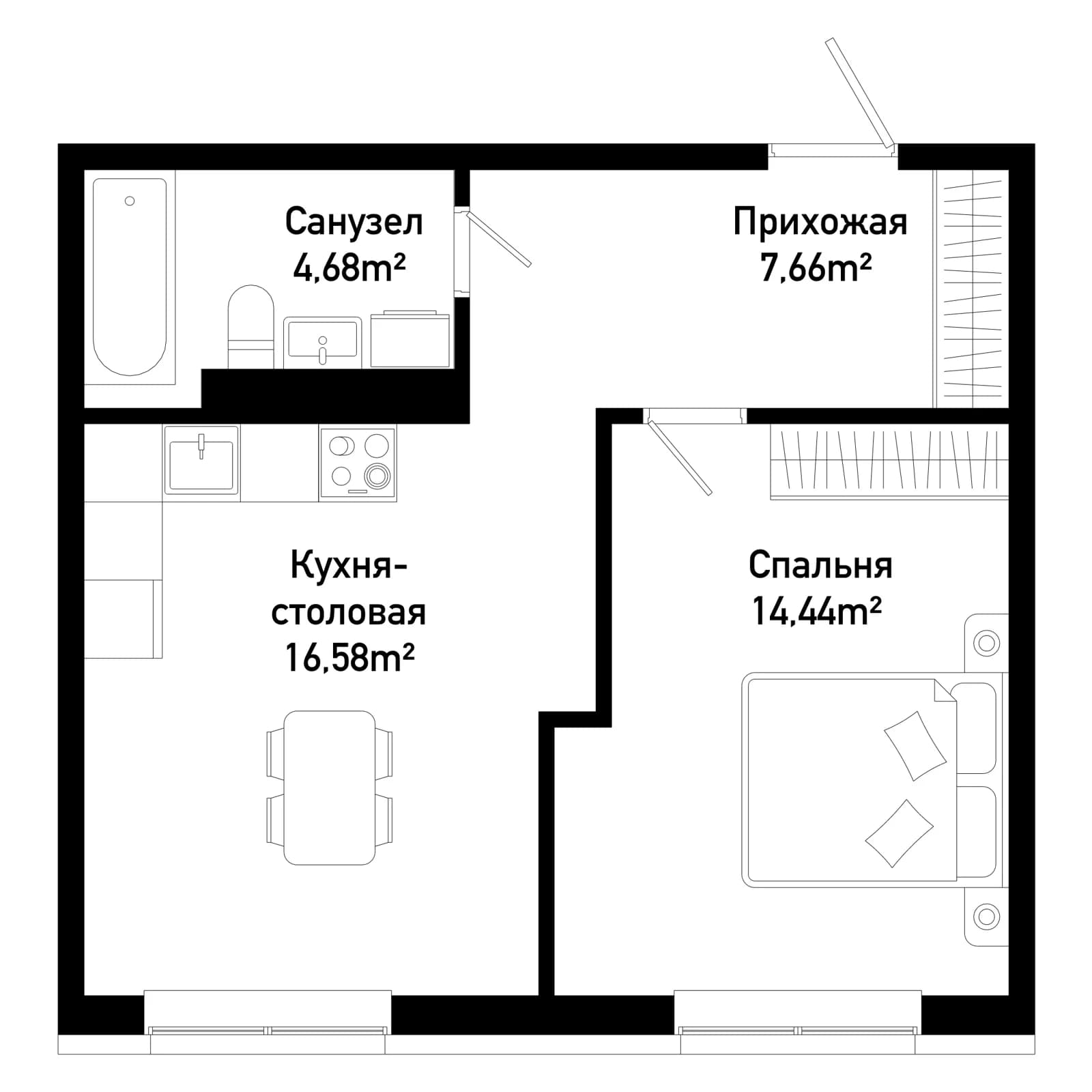 1 комн., 43.9 м²