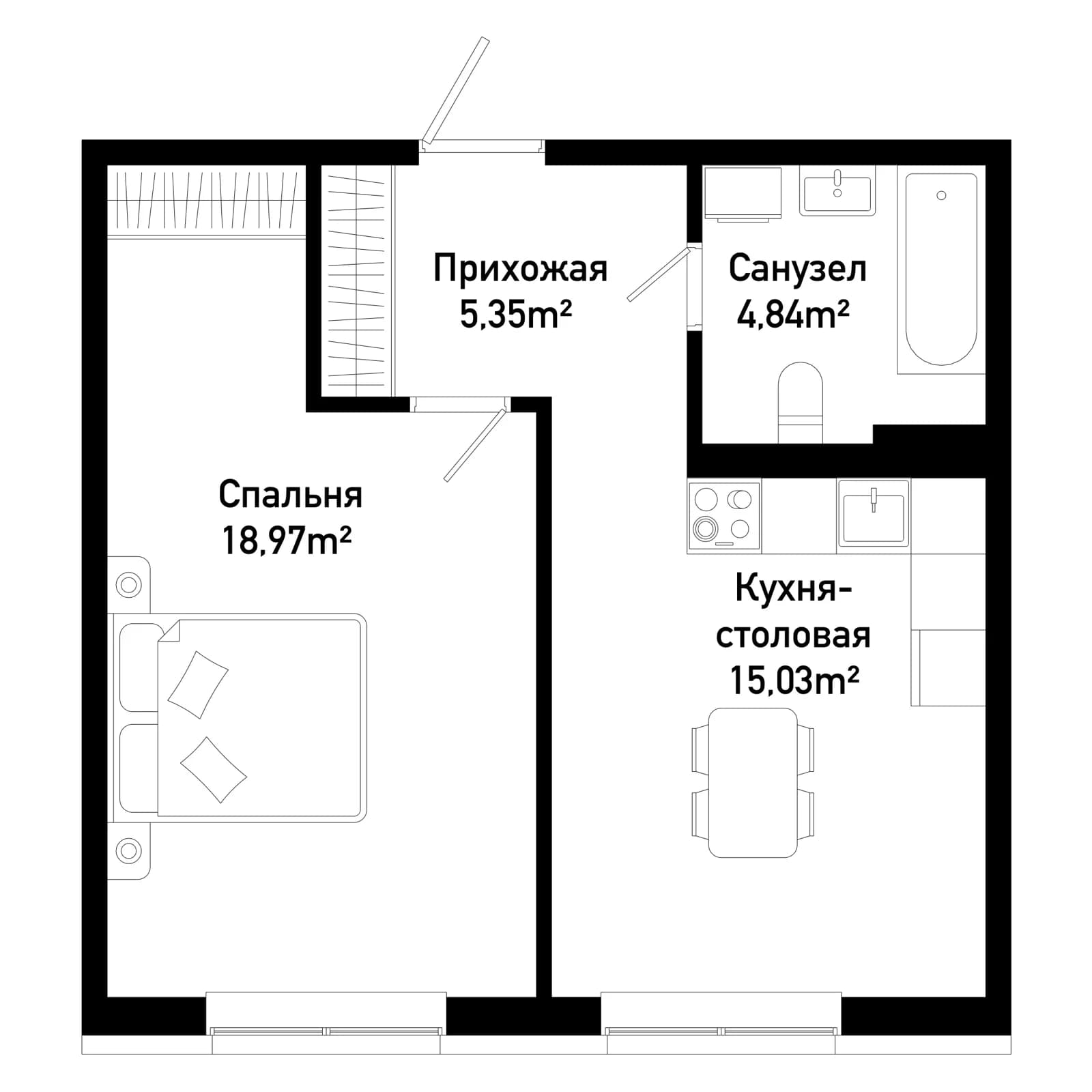 1 комн., 44.4 м²