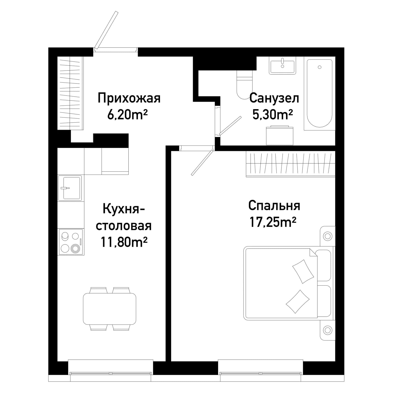 1 комн., 40.7 м²