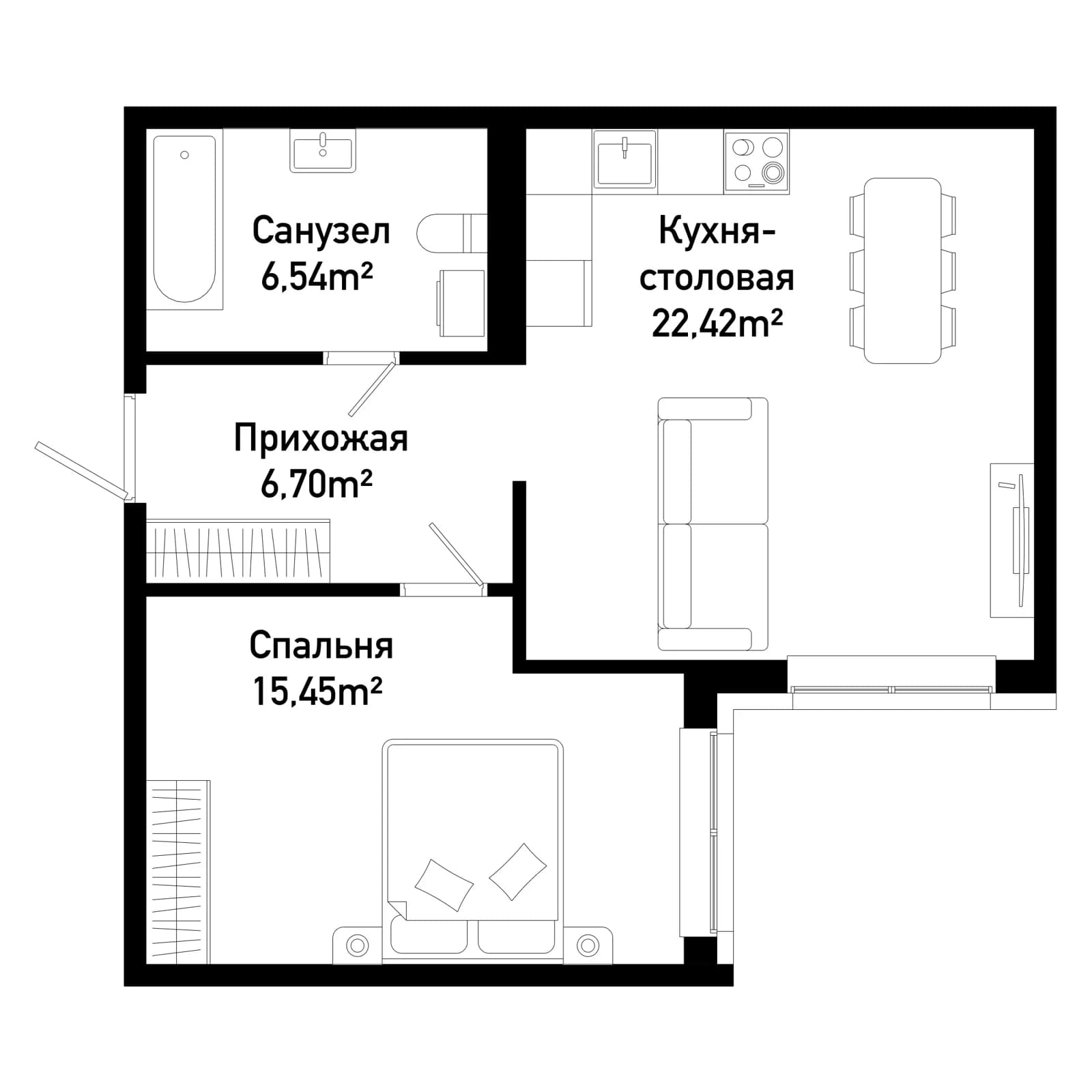 1 комн., 51.3 м²