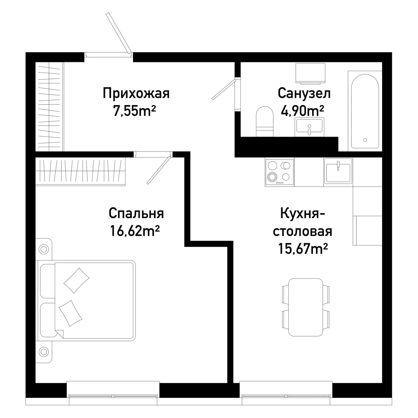 1 комн., 44.7 м²