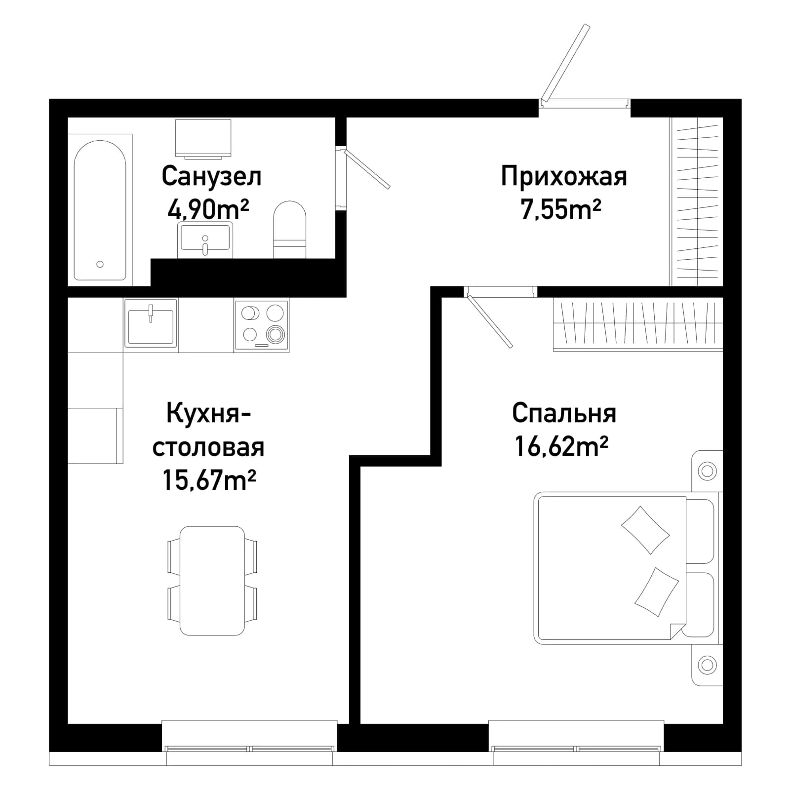 1 комн., 44.8 м²