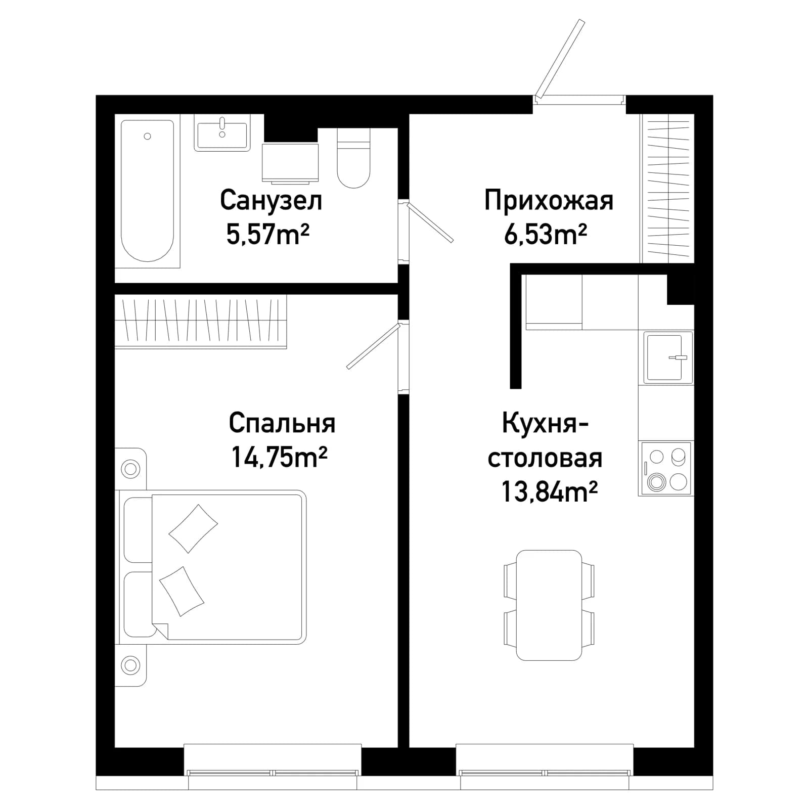1 комн., 40.7 м²