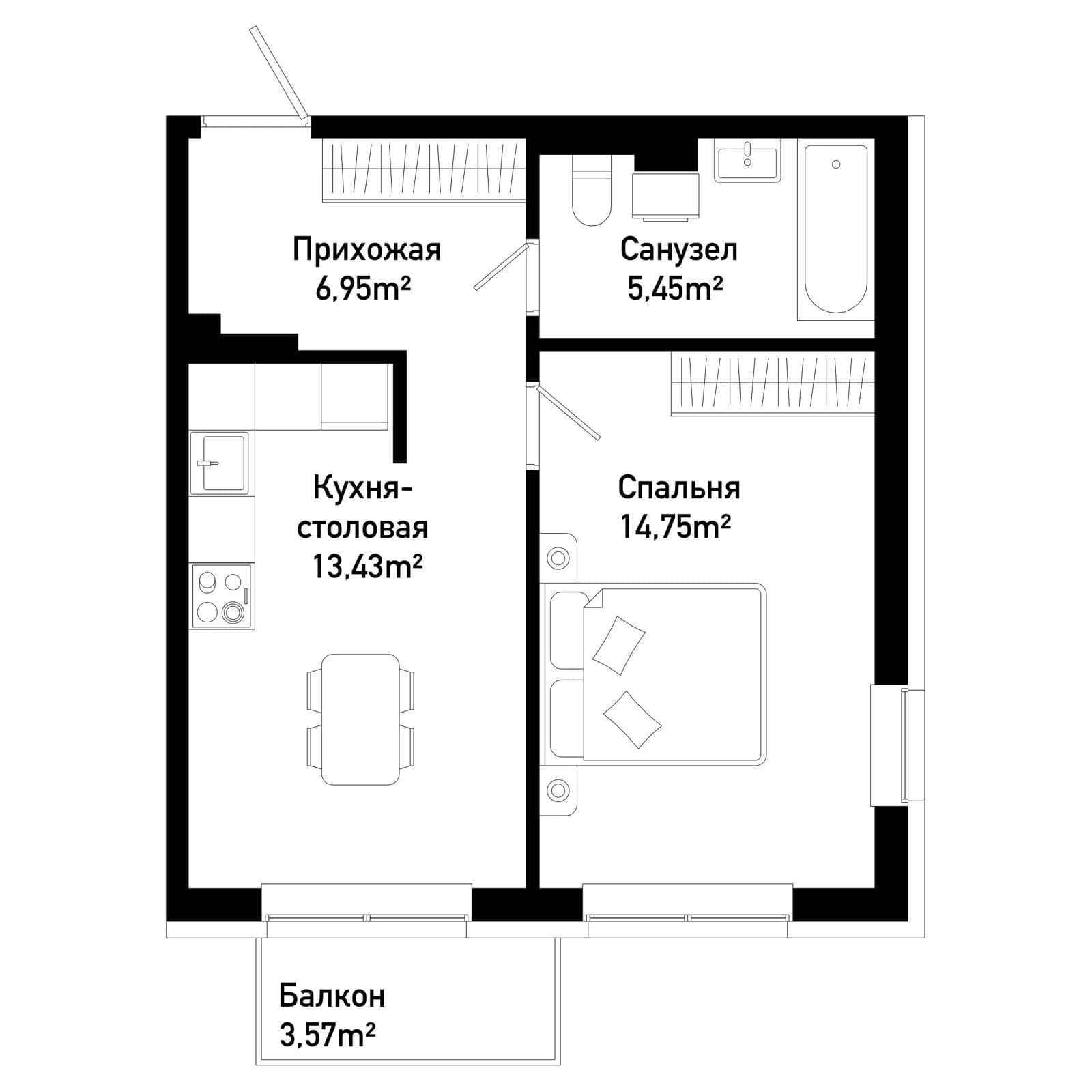 1 комн., 41.6 м²