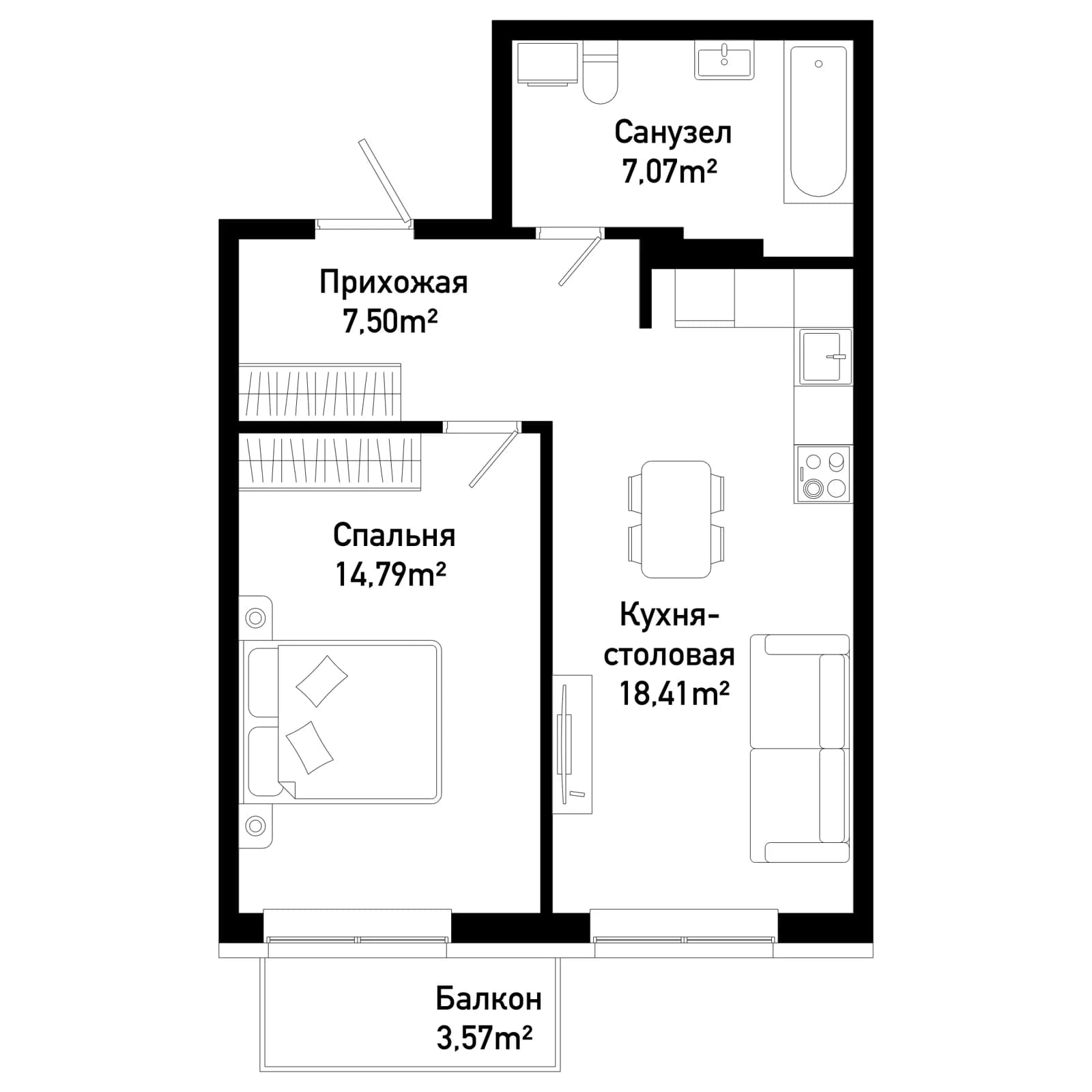 1 комн., 49.9 м²