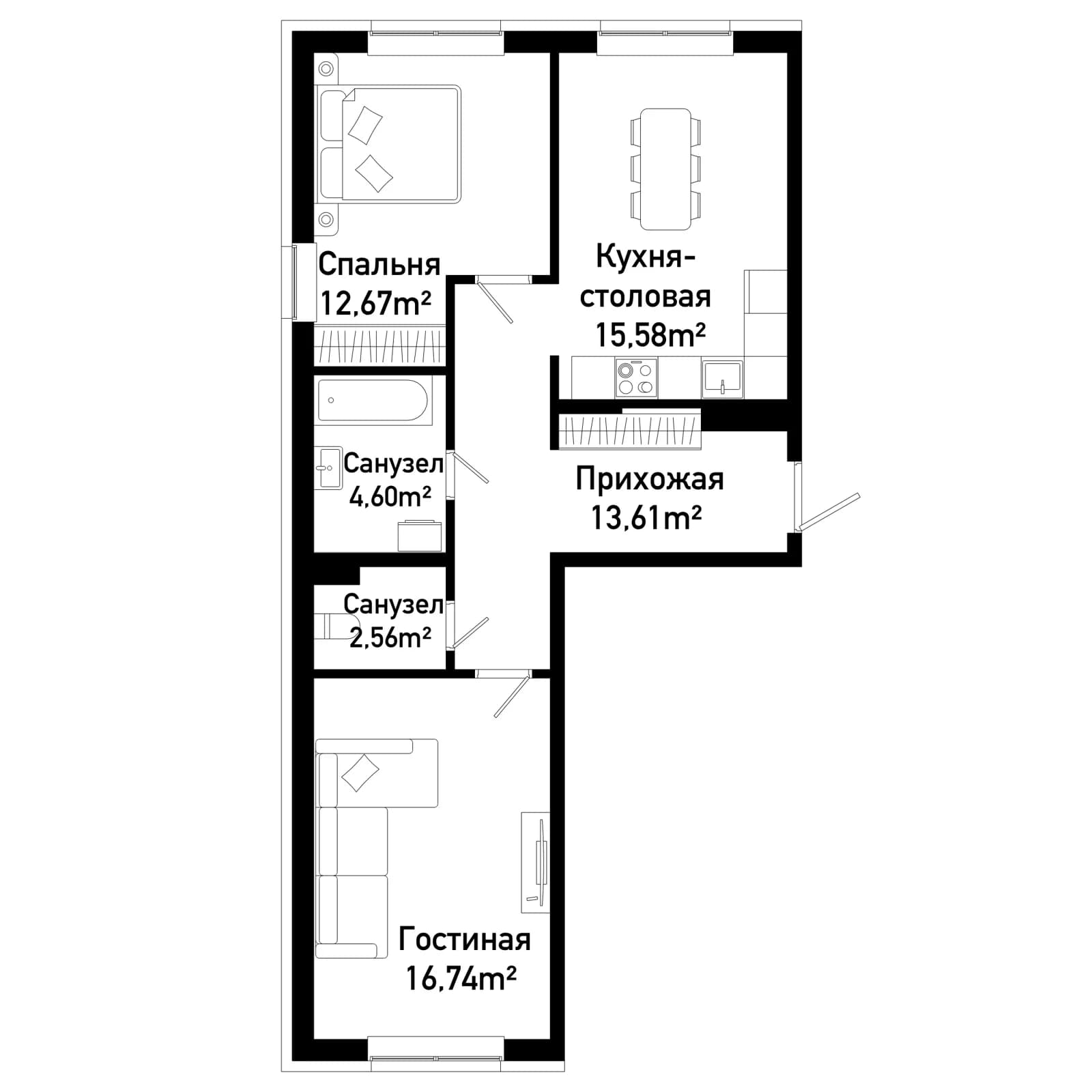 2 комн., 65.8 м²