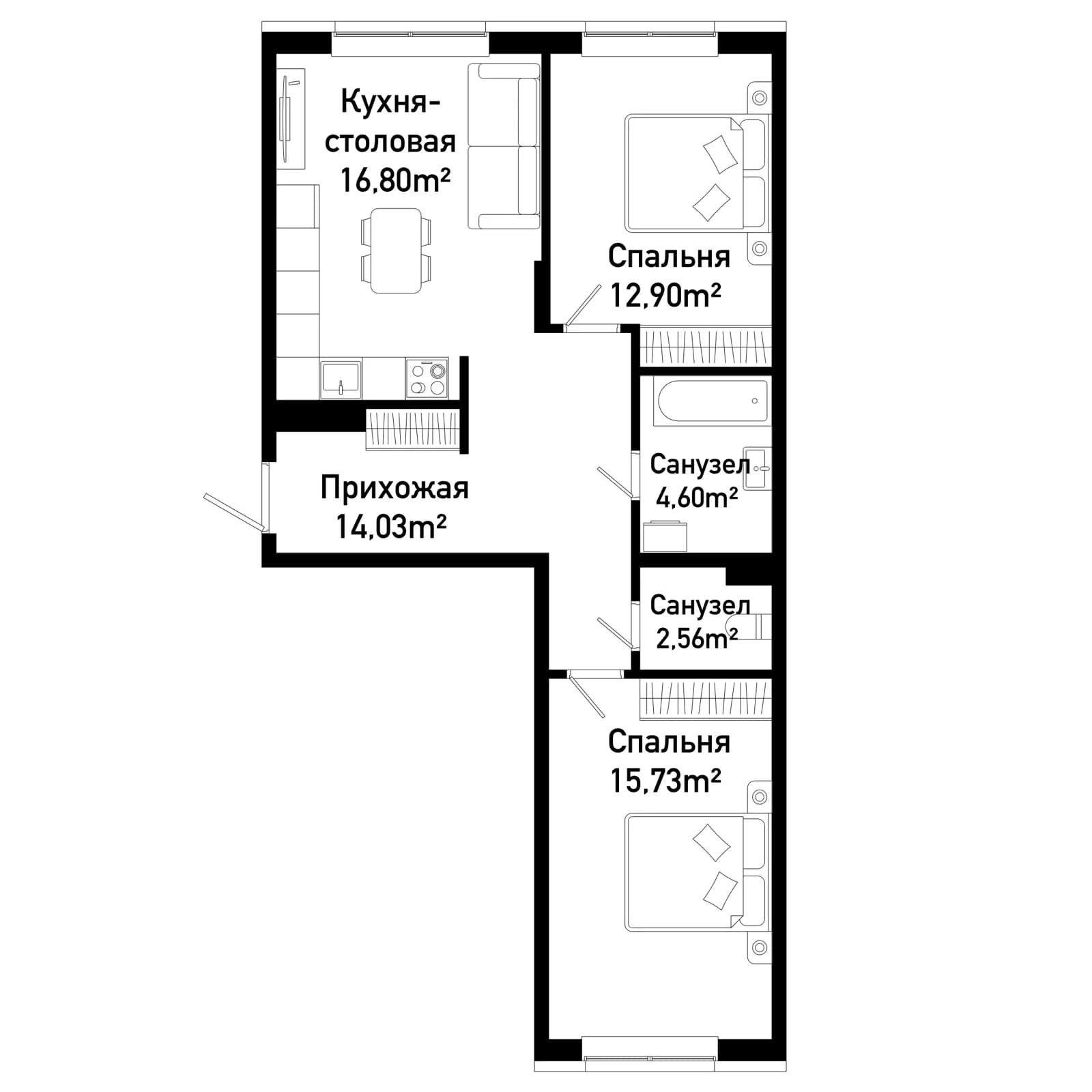 2 комн., 66.8 м²