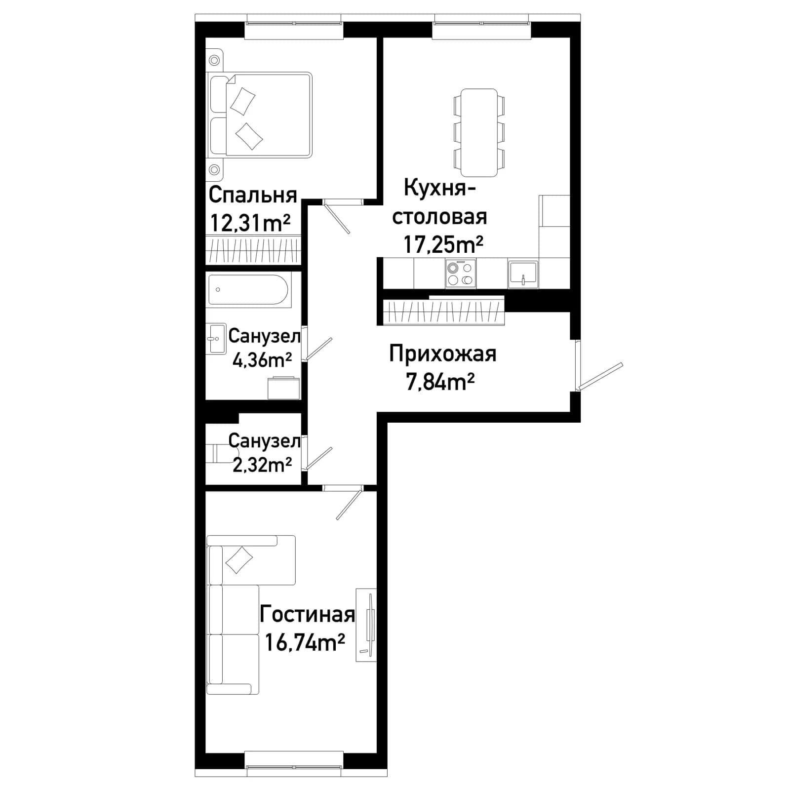 2 комн., 69.6 м²