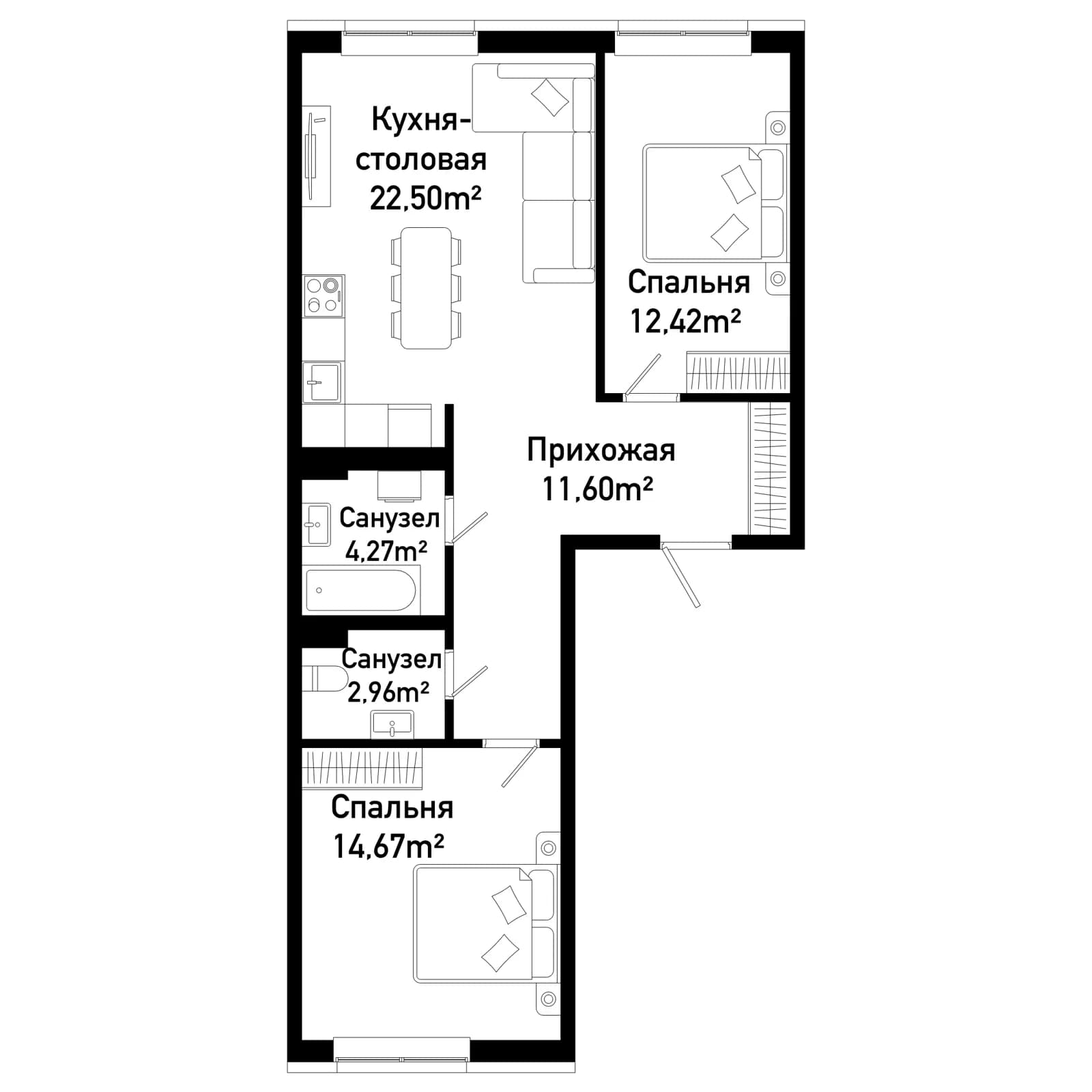 2 комн., 68.4 м²