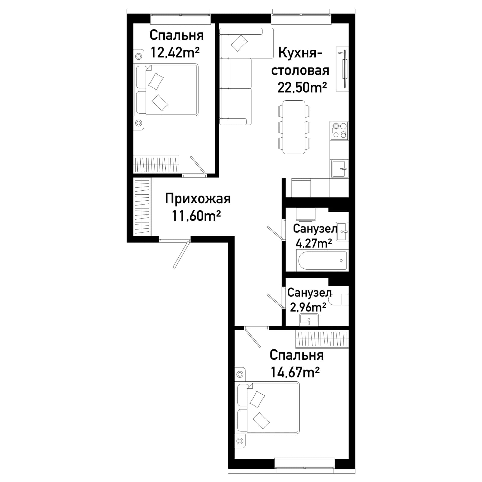 2 комн., 68.4 м²