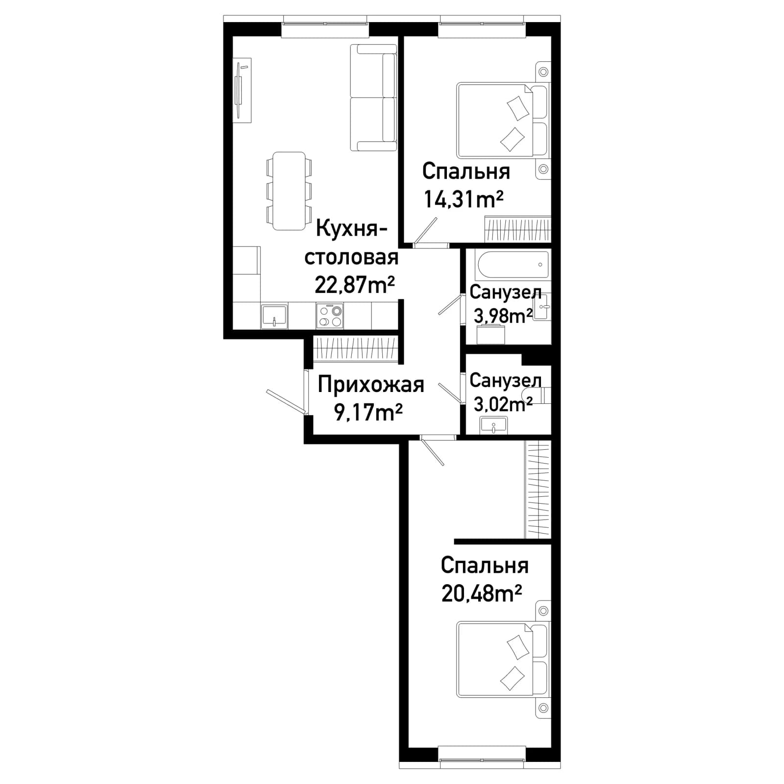 2 комн., 73.9 м²