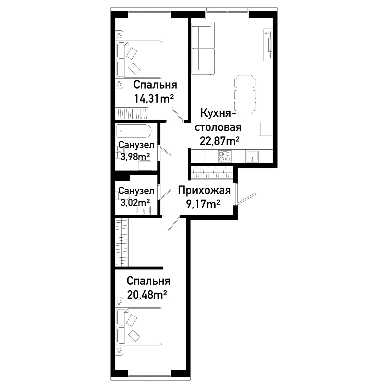 2 комн., 73.9 м²