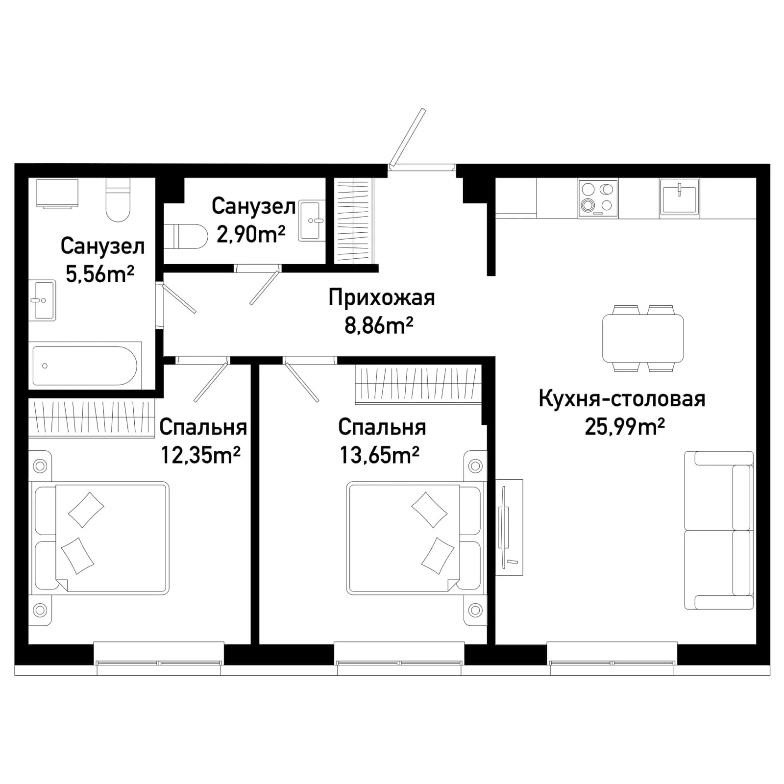 2 комн., 69.3 м²