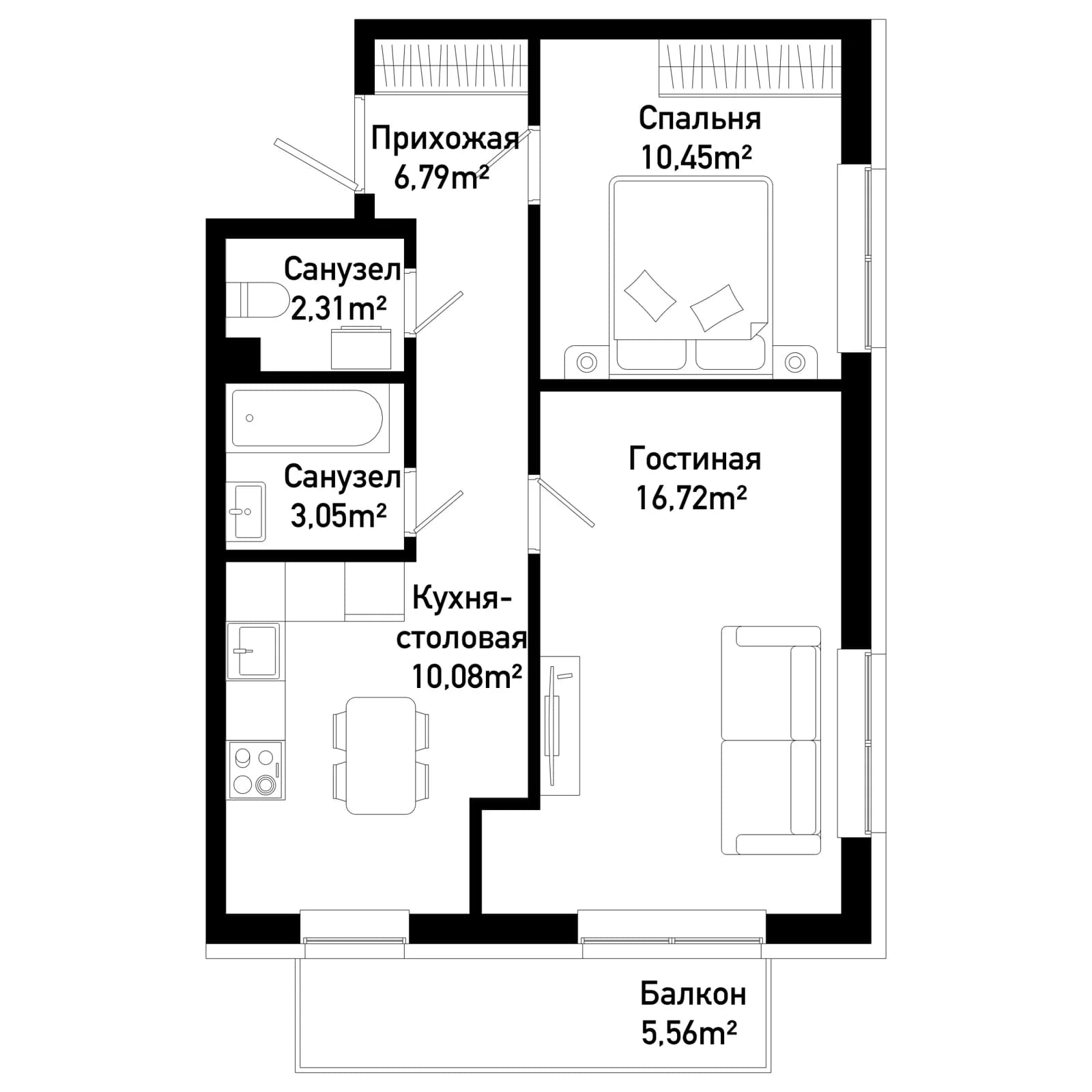 2 комн., 51.0 м²