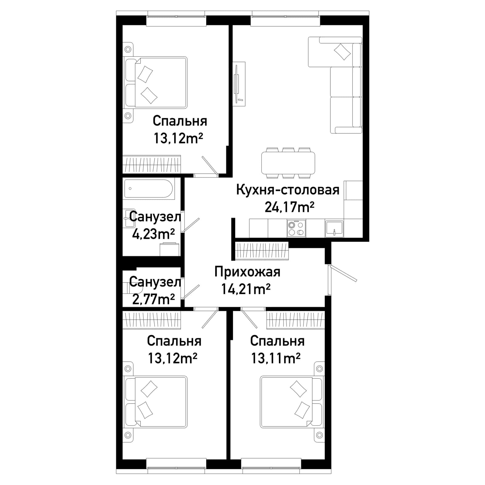 3 комн., 93.0 м²