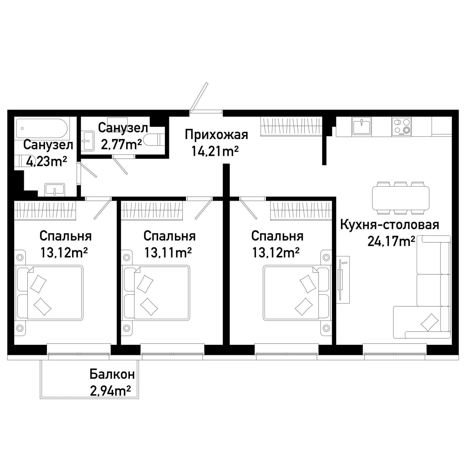 3 комн., 86.8 м²