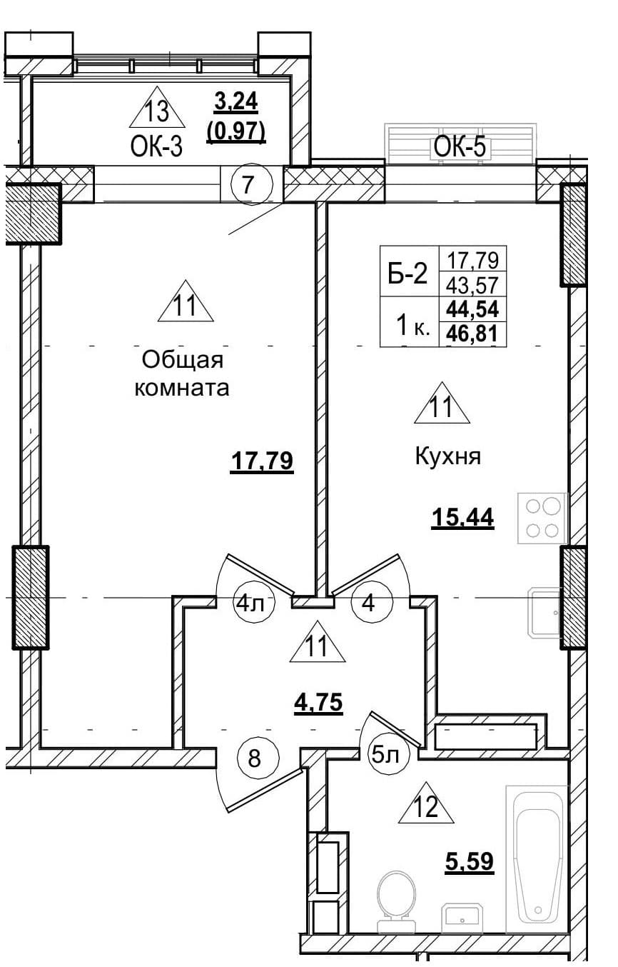 1 комн., 44.5 м²