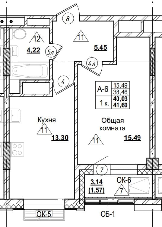 1 комн., 40.0 м²