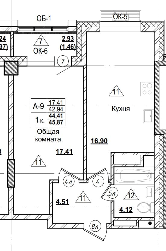 1 комн., 44.4 м²