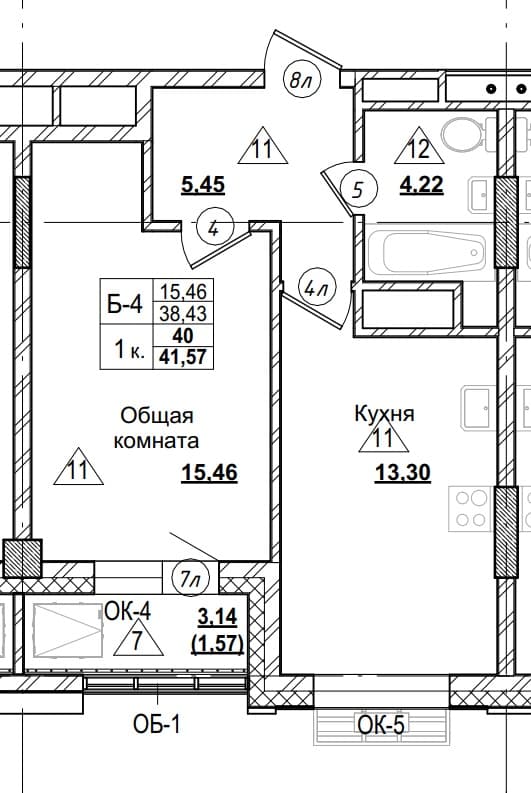 1 комн., 40.0 м²