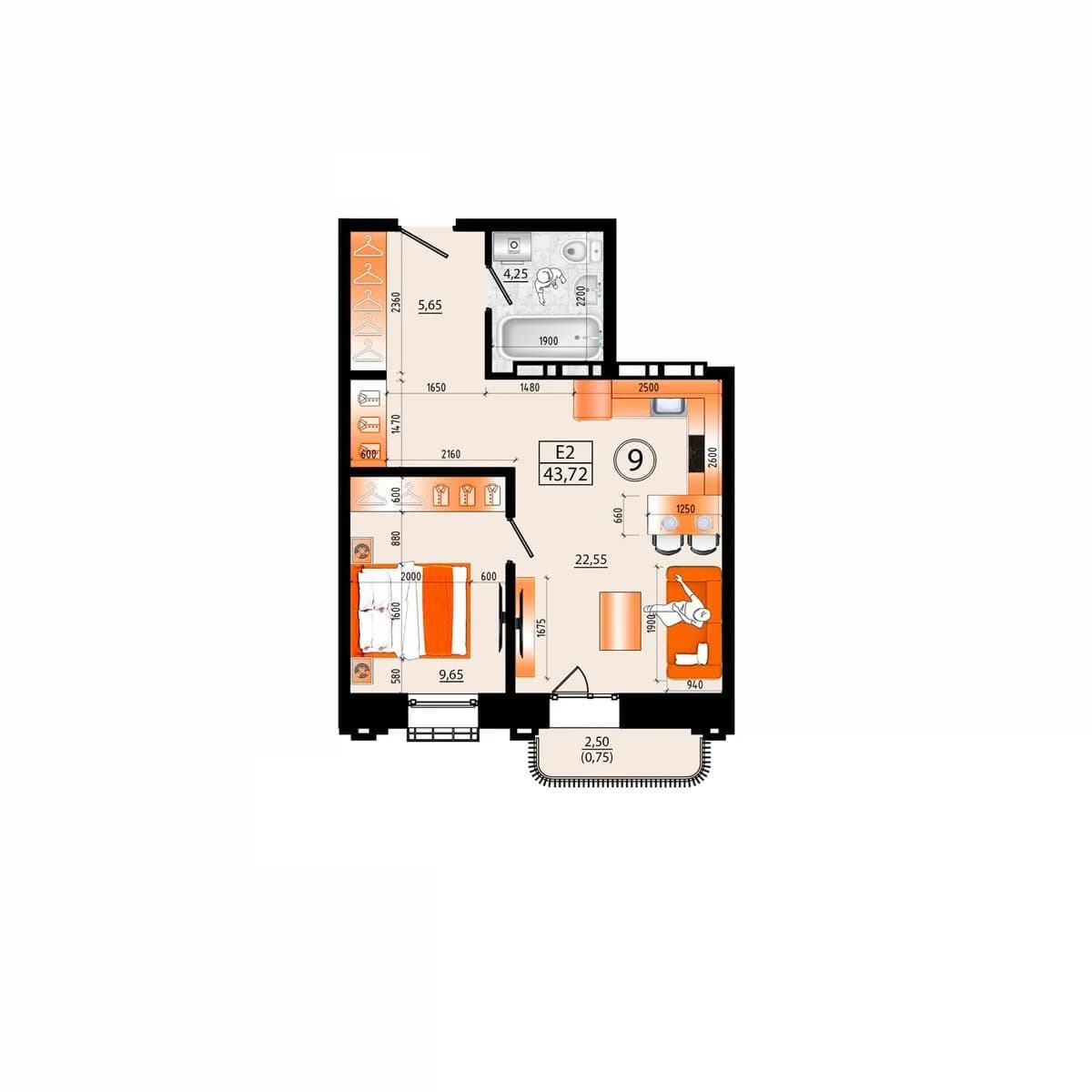 2 комн., 43.7 м²