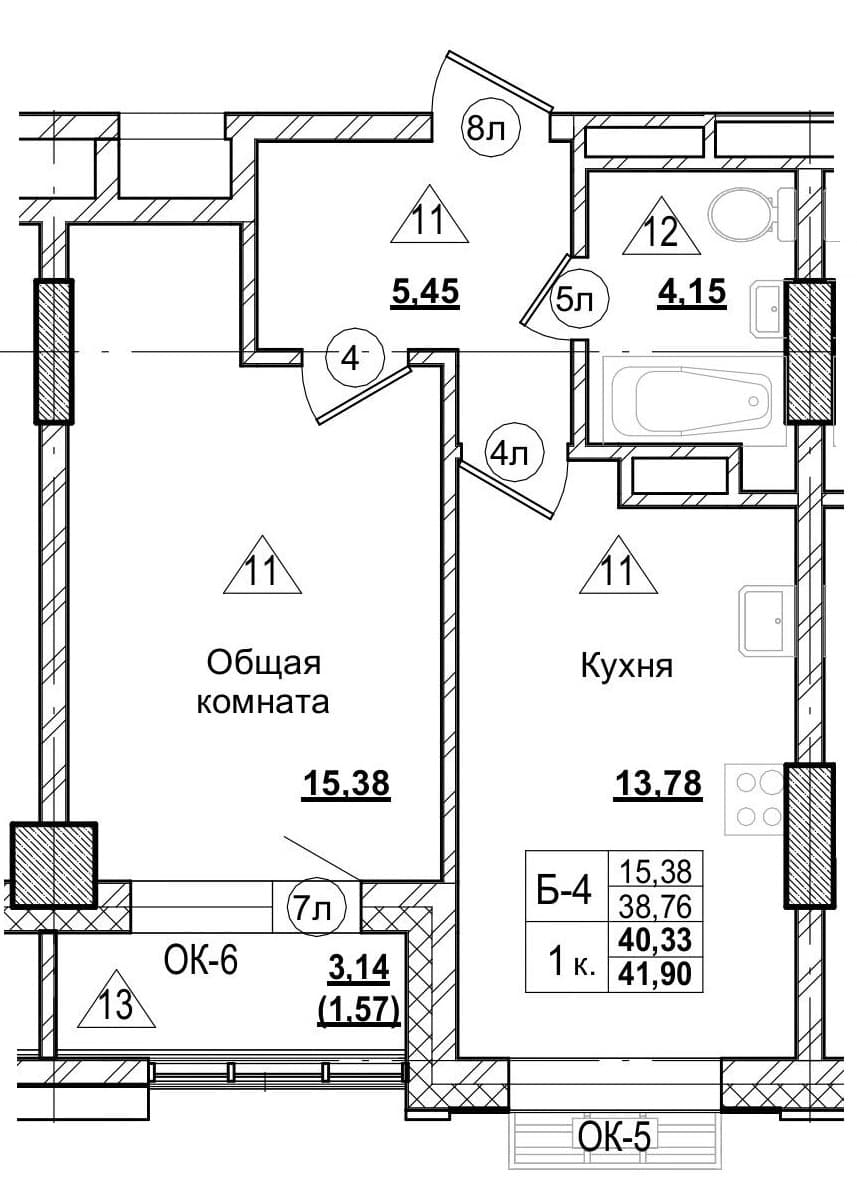 1 комн., 40.3 м²