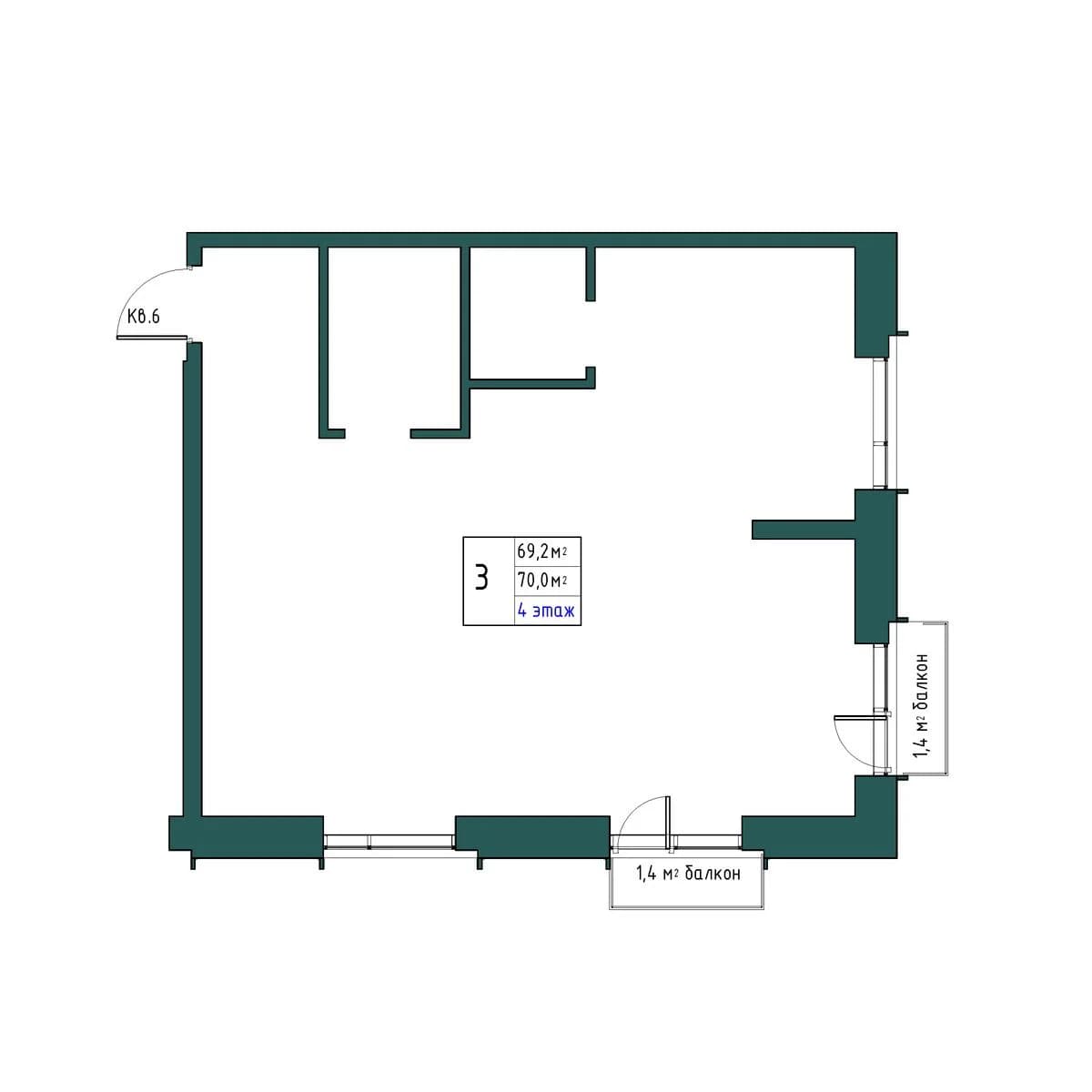 3 комн., 70.0 м²