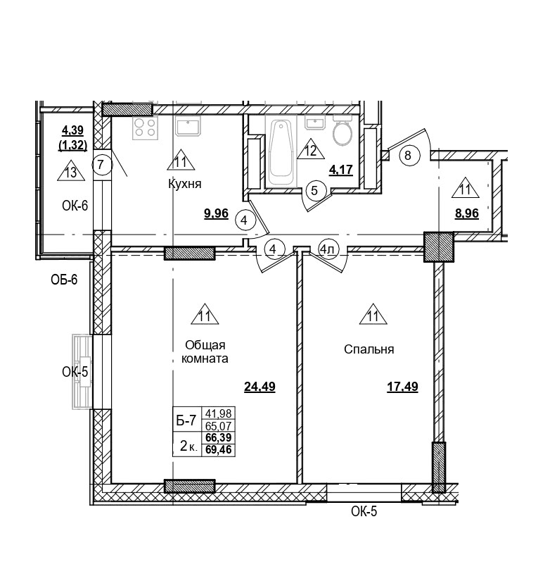 2 комн., 66.4 м²