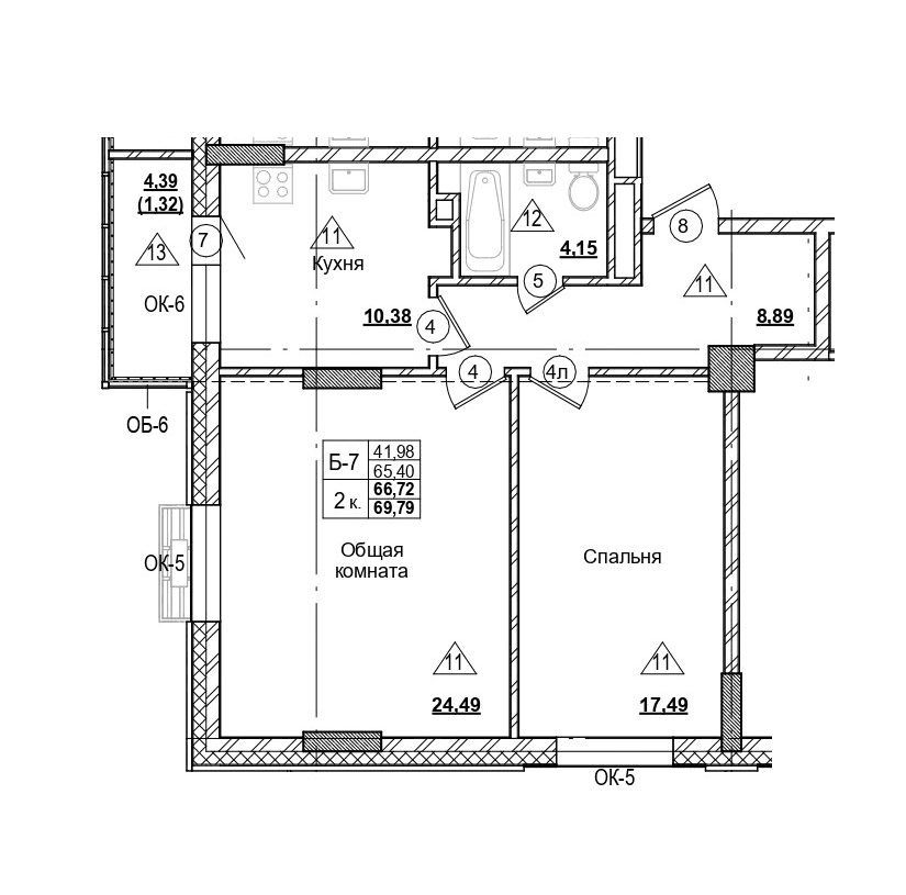 2 комн., 66.7 м²