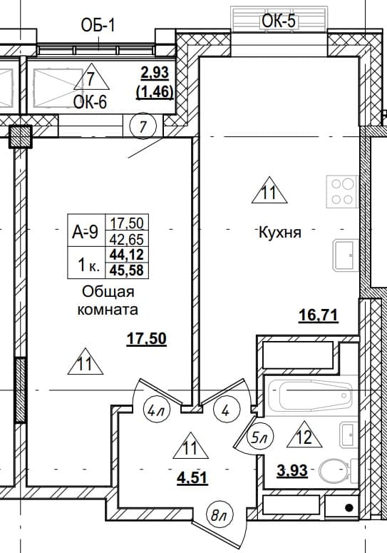 1 комн., 44.1 м²