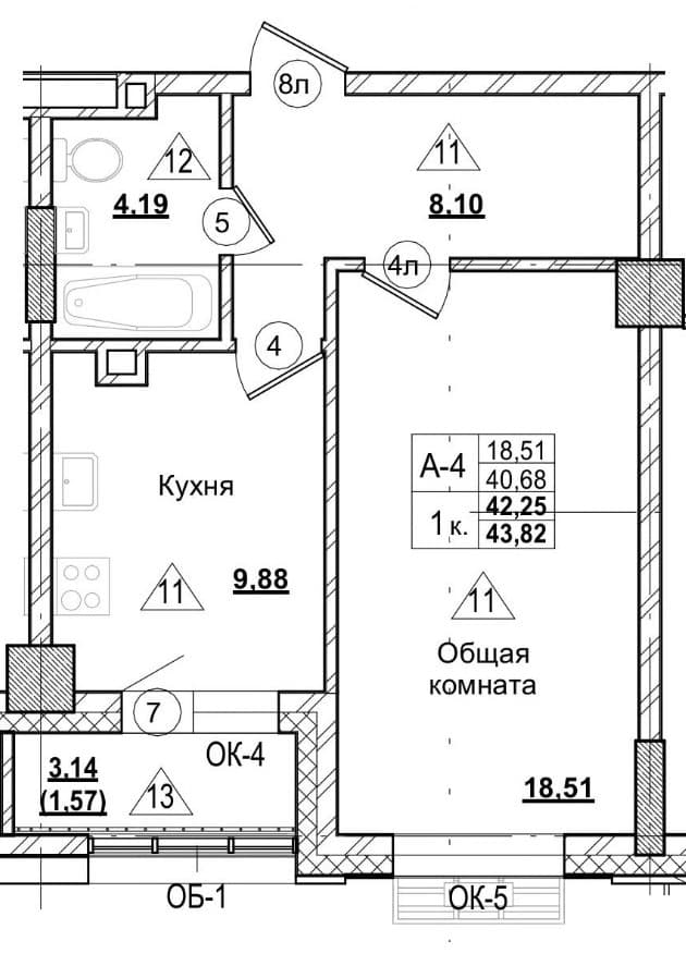 1 комн., 42.3 м²