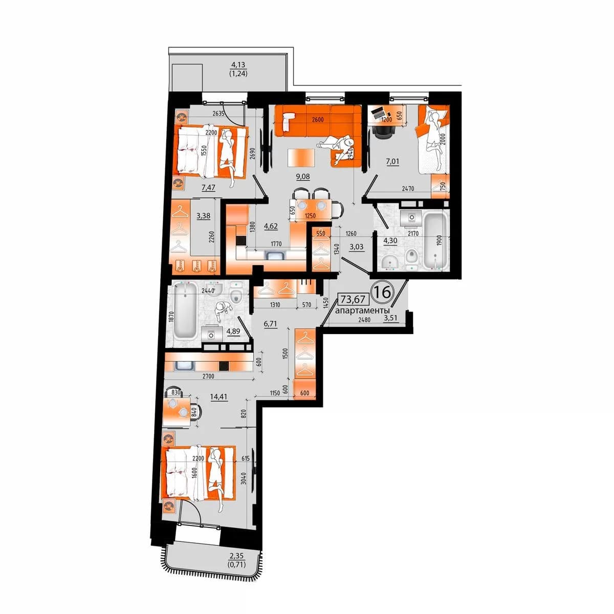 4 комн., 73.7 м²