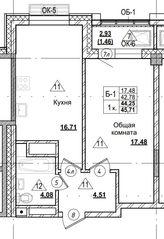 1 комн., 44.3 м²
