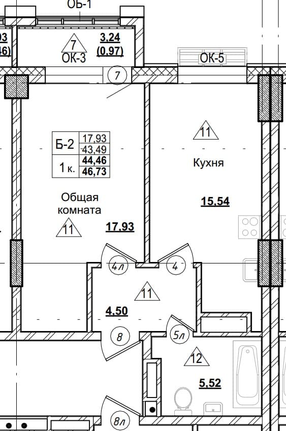 1 комн., 44.5 м²