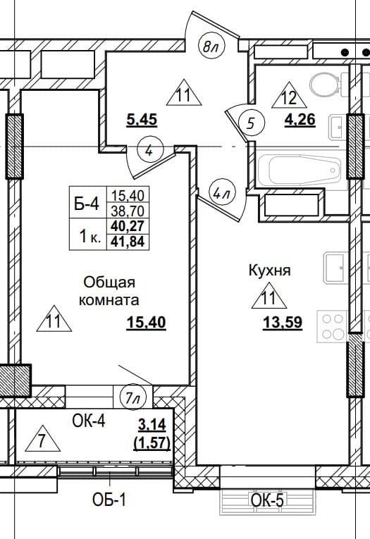 1 комн., 40.3 м²