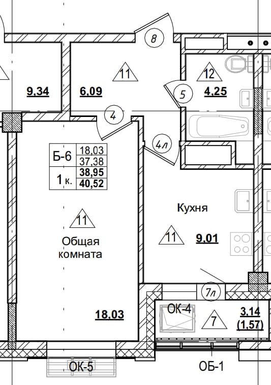 1 комн., 39.0 м²